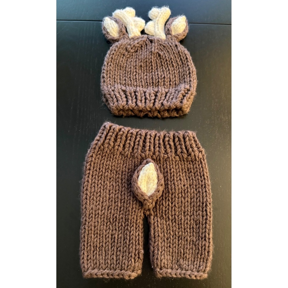 Hand Knit Deer Antlers Newborn Hat and Pant Set Brown‎ Infant Baby Handknit Duo